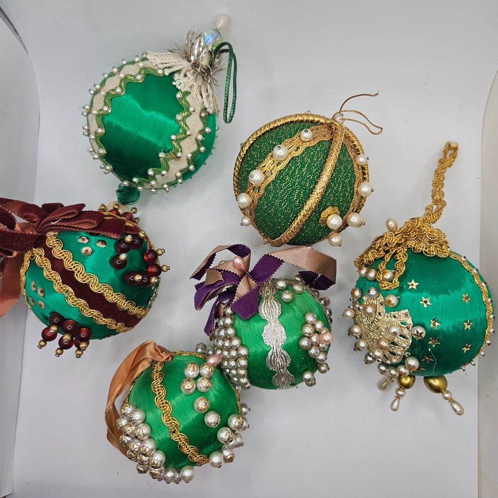 6 Vintage Handmade Satin Beaded Christmas Ball Ornaments Green Gold Pearl